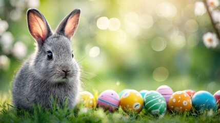Fototapeta premium A cute gray bunny sits on grass next to colorful decorated Easter eggs, with a soft, sunny, and floral background