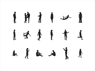 Collection of silhouetted people performing various activities and poses against white background
