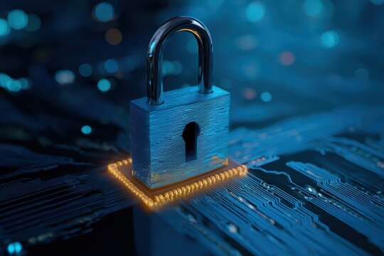 A metallic padlock sits on a glowing microchip, symbolizing digital security and protection in a high-tech environment