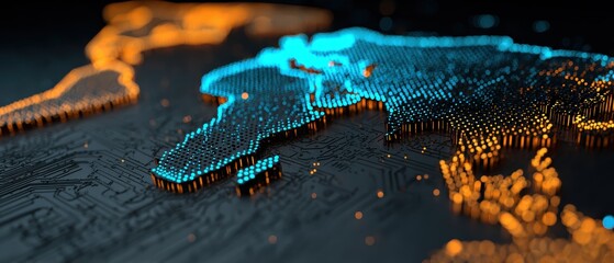 A digital world map with glowing blue and orange circuitry, symbolizing technology and global connectivity