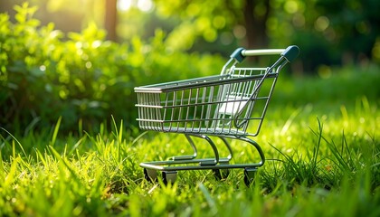 Shopping cart in green grass.