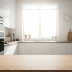 Empty Light Wood Tabletop with Blurred Modern White Kitchen Interior and Bright Window Background