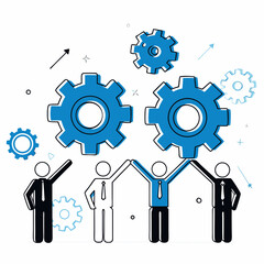 Business Team Collaboration and Synergy Concept with People and Interlocking Gears Vector Illustration,

