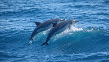 Obraz premium Over a blue wave, two dolphins gracefully leap in formation.