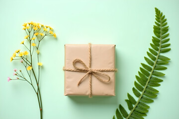  A minimalist gift box on a mint green background, adorned with delicate yellow flowers and a green fern leaf, creating a harmonious and elegant arrangement.