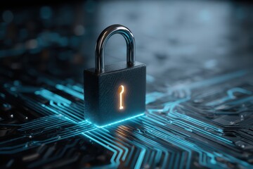 A glowing padlock sits on a digital circuit board, symbolizing cybersecurity and data protection in a technological environment