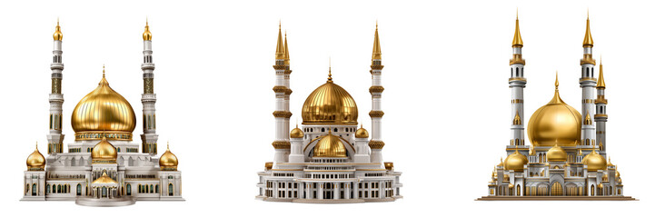 Set of a mosque with golden dome and minarets, isolated on a transparent background.