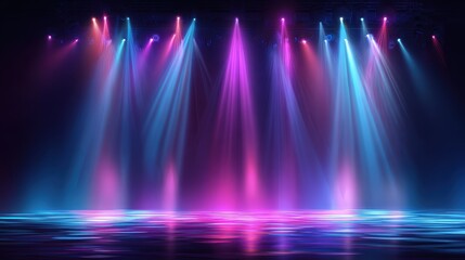 Colorful stage lights beam across an empty, reflective floor, creating a vibrant and dramatic atmosphere in a dark setting
