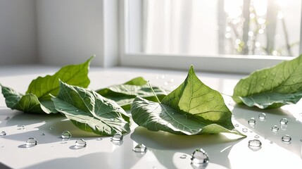 Fresh Green Leaves with Water Droplets on White Surface, Natural Sunlight