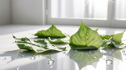 Fresh Green Leaves with Water Droplets on White Surface, Natural Sunlight