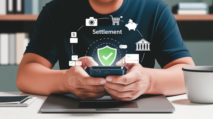 A digital Settlement transaction illustration showing hands holding a smartphone over a laptop keyboard.