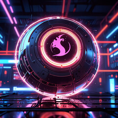 Futuristic neon sphere with glowing circular patterns and dynamic light reflections, sci-fi digital art