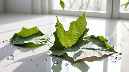 Fresh Green Leaves with Water Droplets on White Surface, Natural Sunlight