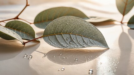 Eucalyptus Branch with Water Droplets on Beige Linen Fabric, Natural Still Life