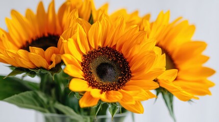 Naklejka premium Bright yellow sunflowers in full bloom with vibrant petals and green leaves, set against a light, neutral background