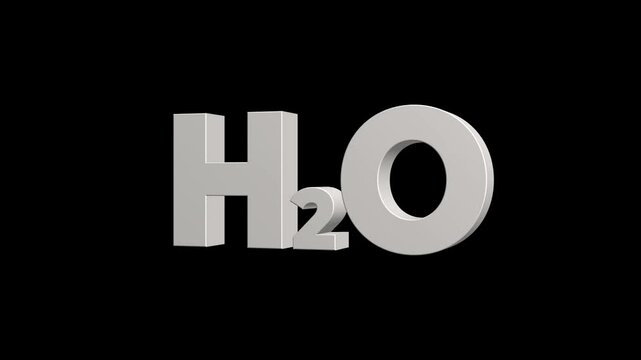 3D animation of metallic H₂O text standing on a glowing ring over a transparent background. Perfect for water, chemistry, science, and technology projects