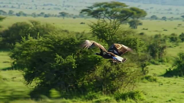 Eagle Soaring Across Green Savanna Grasslands in Africa during Daytime in Eye Level View
