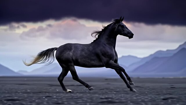 Elegant Dark Gray Horse Galloping Across Black Sands Beneath Moody Skies
