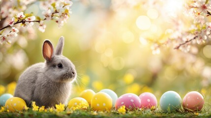 A cute gray bunny sits among colorful Easter eggs and spring blossoms in a bright, sunlit garden