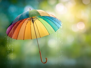 A colorful rainbow umbrella shields from raindrops with a soft, blurred green background, evoking a cheerful and protective vibe