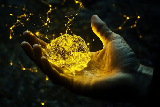 Glowing brain held in a hand neural network connections - Powered by Adobe