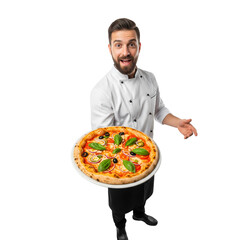 Chef holding a delicious Italian pizza meal, a tasty dish with fresh mozzarella cheese ready for a restaurant dinner