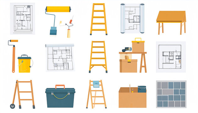 A collection of flat-style icons depicting home renovation and construction tools, equipment, and blueprints