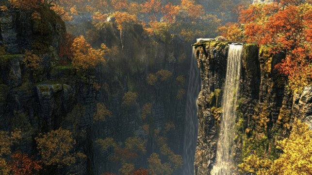 Autumn waterfall in rocky gorge - Powered by Adobe