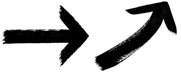 Black Hand Drawn Ink Brush Arrows With Curved and Diagonal Strokes in Grunge Artistic Style for Creative Directional Design Isolated on a Transparent or White Background