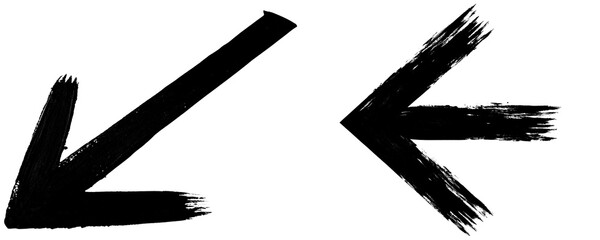 Single Artistic Black Arrow With Dry Brush Stroke Texture in Bold Tribal Style Pointing Downward for Creative Layouts Isolated on a Transparent or White Background