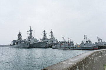雨の公園から見える海上自衛隊の護衛艦