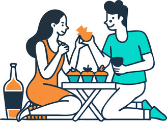 Man and Woman at a Picnic – Outdoor Leisure, Relaxation, and Nature Enjoyment Illustration
