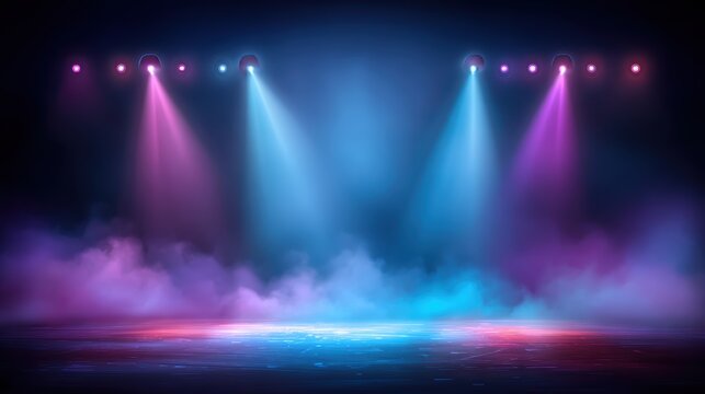 Colorful stage lights shine through mist and smoke, illuminating an empty performance space with dramatic blue, pink, and purple hues - Powered by Adobe
