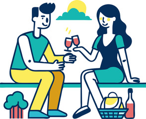 Man and Woman at a Picnic – Outdoor Leisure, Relaxation, and Nature Enjoyment Illustration
