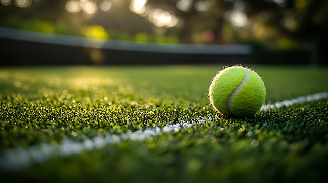 A vibrant yellow tennis ball rests on the green grass of a court, ready for a summer game