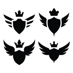 Obraz premium Sheld silhouette vector shape eps, Royal Winged Shield Logo Collection Vintage Crown Emblem Badge Vectors for Branding and Identity Design, Silhouette vector eps 