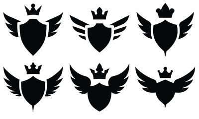 Fototapeta premium Sheld silhouette vector shape eps, Royal Winged Shield Logo Collection Vintage Crown Emblem Badge Vectors for Branding and Identity Design, Silhouette vector eps 