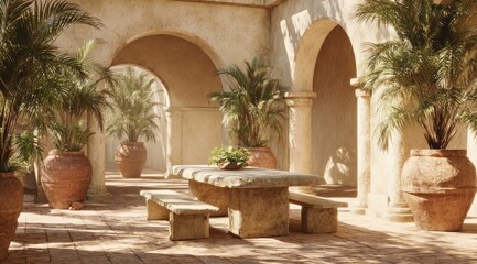 Sun-drenched courtyard with stone table, benches, terracotta pots, and palm trees under arched colonnades