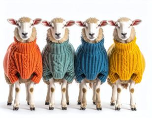 Row of adorable sheep in knit sweaters standing closely together on white background showing creative animal concept
