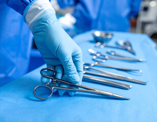 Gloved surgeon's hand carefully selects surgical instruments laid out on a sterile blue drape during an operation.