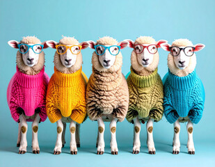 Group of colorful sheep wearing knitted sweaters standing in a row against blue background symbolizing creativity and uniqueness