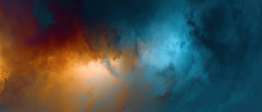 Abstract image of swirling orange and blue clouds blending together in a dramatic, atmospheric sky