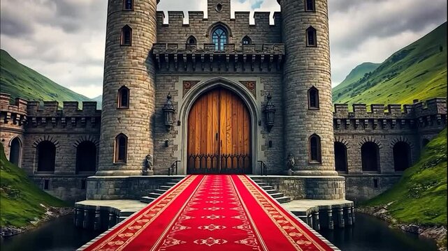 Grand entrance a royal castle with mountain backdrop and red carpet
