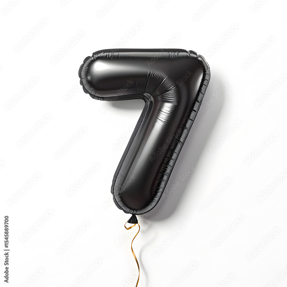 Fototapete a balloon shaped like the number 7,matte black metallic finish with realistic reflections and smooth