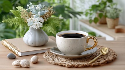 Elegant coffee break with a gold-handled cup, notebook, and flower vase on a natural wood table — a serene setup for mindful moments or creative journaling.

