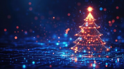 Glowing network shaped Christmas tree lights up a high tech blue background symbolizing the spirit of Christmas in a digital cyber world