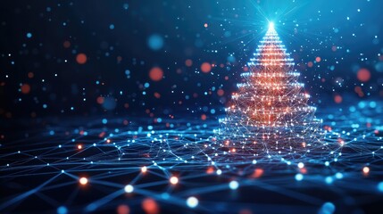 Glowing network shaped Christmas tree lights up a high tech blue background symbolizing the spirit of Christmas in a digital cyber world