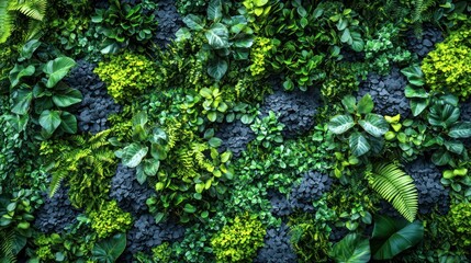 Lush green wall of diverse plants