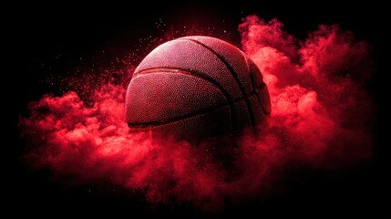 A basketball surrounded by vibrant red smoke, set against a dramatic dark background