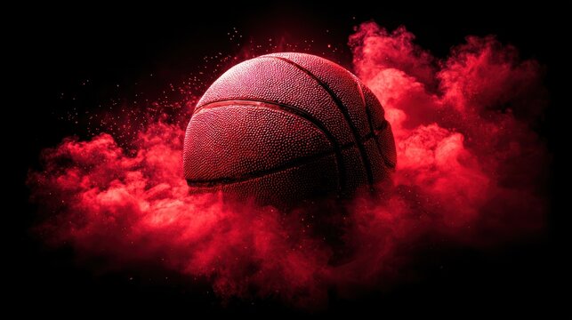 A basketball surrounded by vibrant red smoke, set against a dramatic dark background